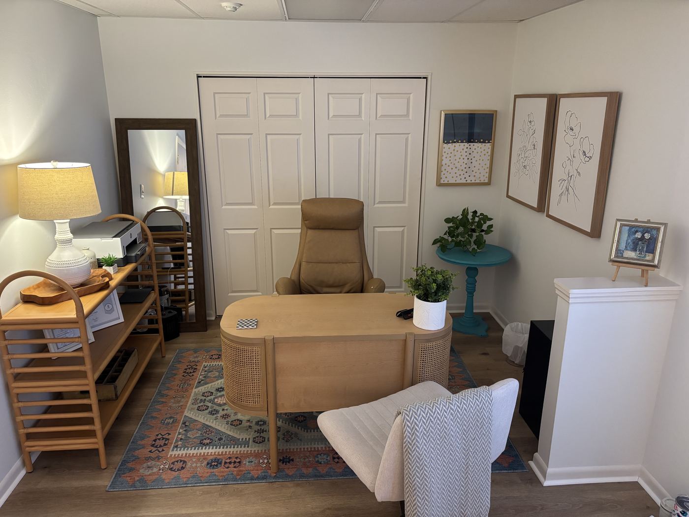 Wide view of the therapy seating area with warm lighting